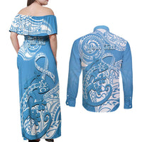 Personalised New Zealand Autism Awareness Couples Matching Off Shoulder Maxi Dress and Long Sleeve Button Shirt NZ Fern With Maori Koru Lizard