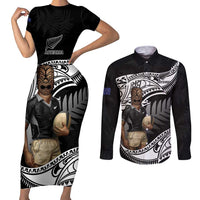 Custom New Zealand Silver Fern Rugby Couples Matching Short Sleeve Bodycon Dress and Long Sleeve Button Shirt 2024 Aotearoa Maori Mascot Go All Black LT14 Black - Polynesian Pride