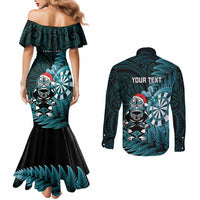 Personalised New Zealand Darts Christmas Couples Matching Mermaid Dress and Long Sleeve Button Shirt Maori Fern Merry Dartsmas - Polynesian Pride