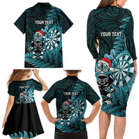 Personalised New Zealand Darts Christmas Family Matching Long Sleeve Bodycon Dress and Hawaiian Shirt Maori Fern Merry Dartsmas - Polynesian Pride