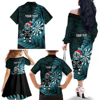 Personalised New Zealand Darts Christmas Family Matching Off The Shoulder Long Sleeve Dress and Hawaiian Shirt Maori Fern Merry Dartsmas - Polynesian Pride