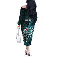 Personalised New Zealand Darts Christmas Off The Shoulder Long Sleeve Dress Maori Fern Merry Dartsmas - Polynesian Pride