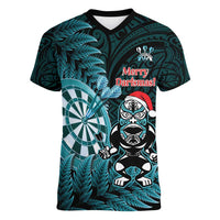 Personalised New Zealand Darts Christmas Women V-Neck T-Shirt Maori Fern Merry Dartsmas LT14 Female Cyan - Polynesian Pride