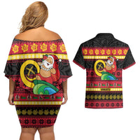 Vanuatu Christmas Couples Matching Off Shoulder Short Dress and Hawaiian Shirt Joyeux Noel Surfing Santa With Boar Tusk - Polynesian Pride