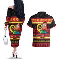 Vanuatu Christmas Couples Matching Off The Shoulder Long Sleeve Dress and Hawaiian Shirt Joyeux Noel Surfing Santa With Boar Tusk - Polynesian Pride