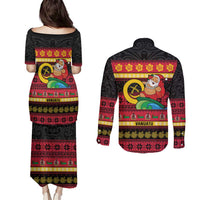 Vanuatu Christmas Couples Matching Puletasi and Long Sleeve Button Shirt Joyeux Noel Surfing Santa With Boar Tusk LT14 - Polynesian Pride
