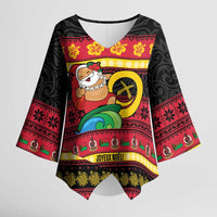 Vanuatu Christmas Kimono Sleeve Blouse Joyeux Noel Surfing Santa With Boar Tusk - Polynesian Pride