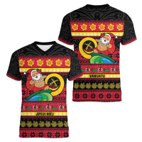 Vanuatu Christmas Women V-Neck T-Shirt Joyeux Noel Surfing Santa With Boar Tusk LT14 - Polynesian Pride