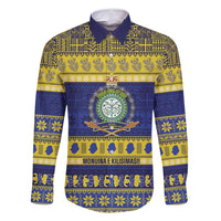 Niue Christmas Family Matching Tank Maxi Dress and Hawaiian Shirt Monuina e Kilisimasi Hiapo Motifs LT14 Dad's Shirt - Long Sleeve Blue - Polynesian Pride