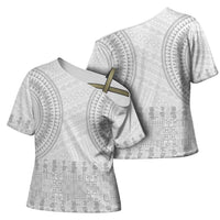 Niue White Sunday Cross Shoulder Shirt Tapu Fanau Ia Puakenikeni Hiapo Pattern - Polynesian Pride