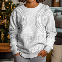Niue White Sunday Kid Ugly Christmas Sweater Tapu Fanau Ia Puakenikeni Hiapo Pattern - Polynesian Pride