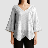 Niue White Sunday Kimono Sleeve Blouse Tapu Fanau Ia Puakenikeni Hiapo Pattern - Polynesian Pride
