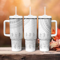 Niue White Sunday Tumbler With Handle Tapu Fanau Ia Puakenikeni Hiapo Pattern - Polynesian Pride