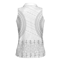 Niue White Sunday Women Sleeveless Polo Shirt Tapu Fanau Ia Puakenikeni Hiapo Pattern - Polynesian Pride