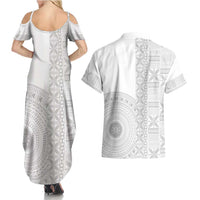 Niue White Sunday Couples Matching Summer Maxi Dress and Hawaiian Shirt Half Hiapo Pattern Vibes - Polynesian Pride