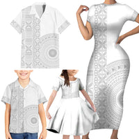 Niue White Sunday Family Matching Short Sleeve Bodycon Dress and Hawaiian Shirt Half Hiapo Pattern Vibes - Polynesian Pride