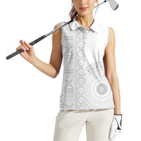 Niue White Sunday Women Sleeveless Polo Shirt Half Hiapo Pattern Vibes - Polynesian Pride