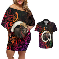 Vanuatu Boar Cowboy Couples Matching Off Shoulder Short Dress and Hawaiian Shirt Tusk Gradient Polynesian Pattern - Polynesian Pride
