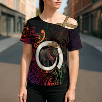 Vanuatu Boar Cowboy Cross Shoulder Shirt Tusk Gradient Polynesian Pattern - Polynesian Pride