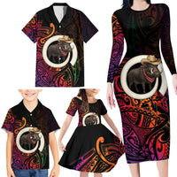 Vanuatu Boar Cowboy Family Matching Long Sleeve Bodycon Dress and Hawaiian Shirt Tusk Gradient Polynesian Pattern - Polynesian Pride