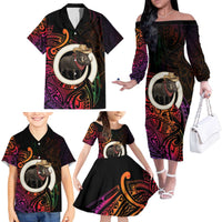 Vanuatu Boar Cowboy Family Matching Off The Shoulder Long Sleeve Dress and Hawaiian Shirt Tusk Gradient Polynesian Pattern - Polynesian Pride