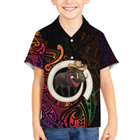 Vanuatu Boar Cowboy Family Matching Off The Shoulder Long Sleeve Dress and Hawaiian Shirt Tusk Gradient Polynesian Pattern - Polynesian Pride