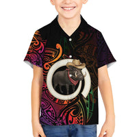 Vanuatu Boar Cowboy Family Matching Puletasi and Hawaiian Shirt Tusk Gradient Polynesian Pattern - Polynesian Pride