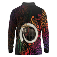 Vanuatu Boar Cowboy Long Sleeve Polo Shirt Tusk Gradient Polynesian Pattern - Polynesian Pride