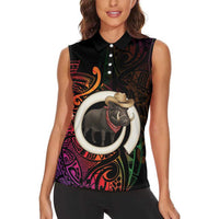 Vanuatu Boar Cowboy Women Sleeveless Polo Shirt Tusk Gradient Polynesian Pattern - Polynesian Pride