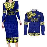 Personalised Fiji Natabua High School Couples Matching Long Sleeve Bodycon Dress and Long Sleeve Button Shirt Fijian Tapa Pattern LT14 Blue - Polynesian Pride