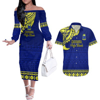 Personalised Fiji Natabua High School Couples Matching Off The Shoulder Long Sleeve Dress and Hawaiian Shirt Fijian Tapa Pattern LT14 Blue - Polynesian Pride