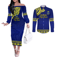 Personalised Fiji Natabua High School Couples Matching Off The Shoulder Long Sleeve Dress and Long Sleeve Button Shirt Fijian Tapa Pattern LT14 Blue - Polynesian Pride
