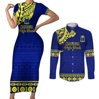Personalised Fiji Natabua High School Couples Matching Short Sleeve Bodycon Dress and Long Sleeve Button Shirt Fijian Tapa Pattern LT14 Blue - Polynesian Pride