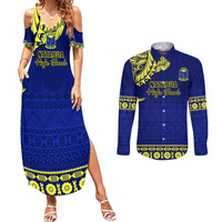 Personalised Fiji Natabua High School Couples Matching Summer Maxi Dress and Long Sleeve Button Shirt Fijian Tapa Pattern LT14 Blue - Polynesian Pride