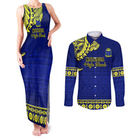 Personalised Fiji Natabua High School Couples Matching Tank Maxi Dress and Long Sleeve Button Shirt Fijian Tapa Pattern LT14 Blue - Polynesian Pride