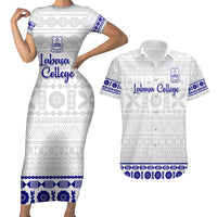 Personalised Fiji Labasa College Couples Matching Short Sleeve Bodycon Dress and Hawaiian Shirt Fijian Tapa Pattern LT14 White - Polynesian Pride