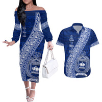 Personalised Fiji Queen Victoria School Couples Matching Off The Shoulder Long Sleeve Dress and Hawaiian Shirt Fijian Tapa Pattern LT14 Blue - Polynesian Pride