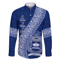 Personalised Fiji Queen Victoria School Family Matching Long Sleeve Bodycon Dress and Hawaiian Shirt Fijian Tapa Pattern LT14 Dad's Shirt - Long Sleeve Blue - Polynesian Pride