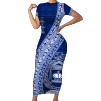 Personalised Fiji Queen Victoria School Short Sleeve Bodycon Dress Fijian Tapa Pattern LT14 Long Dress Blue - Polynesian Pride