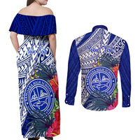 Personalised Samoana High School Couples Matching Off Shoulder Maxi Dress and Long Sleeve Button Shirt American Samoa Schools Polynesian Tropical Flowers LT14 - Polynesian Pride