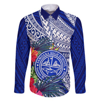 Personalised Samoana High School Family Matching Mermaid Dress and Hawaiian Shirt American Samoa Schools Polynesian Tropical Flowers LT14 Dad's Shirt - Long Sleeve Blue - Polynesian Pride