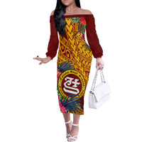 Personalised Tafuna High School Family Matching Off Shoulder Long Sleeve Dress and Hawaiian Shirt American Samoa Schools Polynesian Tropical Flowers LT14 Mom's Dress Maroon - Polynesian Pride