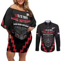Personalised Toitu Te Tiriti Mana Maori Motuhake Couples Matching Off Shoulder Short Dress and Long Sleeve Button Shirt Aotearoa Haka Face Mix Poutama Art