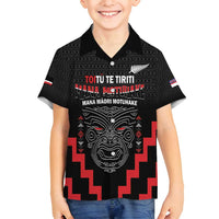 Personalised Toitu Te Tiriti Mana Maori Motuhake Family Matching Summer Maxi Dress and Hawaiian Shirt Aotearoa Haka Face Mix Poutama Art LT14 Son's Shirt Black - Polynesian Pride