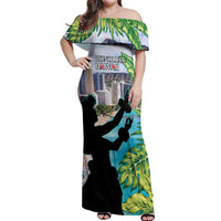 Personalised Honolulu Aloha Hawaii Off Shoulder Maxi Dress Tropical Leaves With Hula Girl LT14 Women Blue - Polynesian Pride