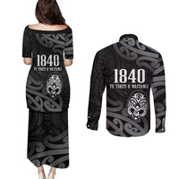 New Zealand 1840 Waitangi Day Couples Matching Puletasi and Long Sleeve Button Shirt Aotearoa Haka Mask - Black Version LT14 - Polynesian Pride