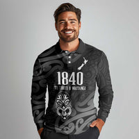 New Zealand 1840 Waitangi Day Long Sleeve Polo Shirt Aotearoa Haka Mask - Black Version