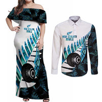 New Zealand Lawn Bowls Custom Couples Matching Off Shoulder Maxi Dress and Long Sleeve Button Shirt Aotearoa Silver Fern Paua Shell - Polynesian Pride