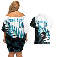 New Zealand Lawn Bowls Custom Couples Matching Off Shoulder Short Dress and Hawaiian Shirt Aotearoa Silver Fern Paua Shell - Polynesian Pride