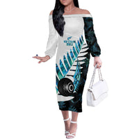 New Zealand Lawn Bowls Custom Family Matching Off The Shoulder Long Sleeve Dress and Hawaiian Shirt Aotearoa Silver Fern Paua Shell - Polynesian Pride
